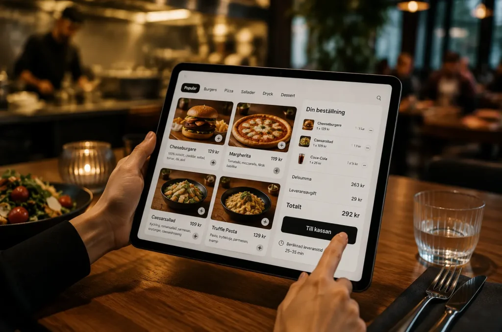 Person som beställer mat via surfplatta i restaurangmiljö