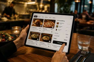Person som beställer mat via surfplatta i restaurangmiljö